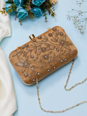 Floral leaf embroidery clutch